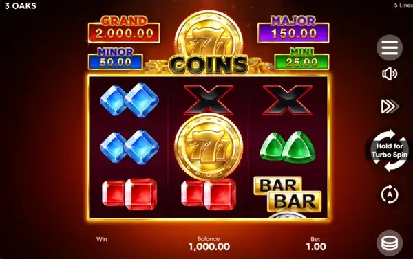 777 Coins Game main screen with three reels, jackpots and central gold coin